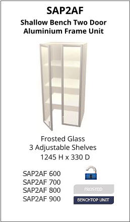 SAP2AF Frosted Glass 3 Adjustable Shelves 1245 H x 330 D Shallow Bench Two Door Aluminium Frame Unit