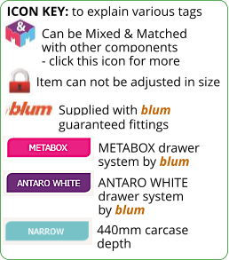 ICON KEY: to explain various tags  Item can not be adjusted in size 440mm carcase depth METABOX drawer system by blum ANTARO WHITE drawer system by blum Supplied with blum guaranteed fittings Can be Mixed & Matched with other components - click this icon for more
