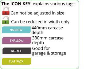 The ICON KEY: explains various tags  Can be reduced in width only 440mm carcase depth 330mm carcase depth Can not be adjusted in size Good for garage & storage