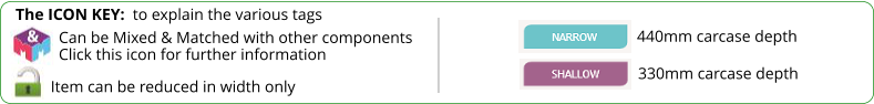 The ICON KEY:  to explain the various tags  Can be Mixed & Matched with other components Click this icon for further information Item can be reduced in width only 330mm carcase depth 440mm carcase depth