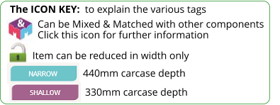 The ICON KEY:  to explain the various tags  Can be Mixed & Matched with other components Click this icon for further information Item can be reduced in width only 330mm carcase depth 440mm carcase depth